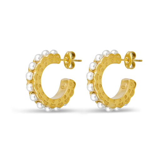 Textured Gold & Pearl Hoops